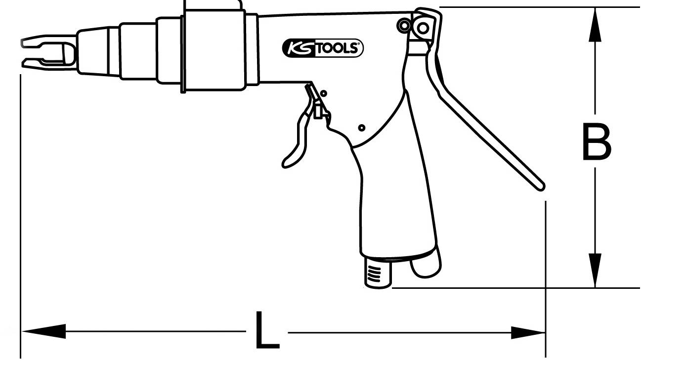 Pneumatic tool in side view with marked lengths L and B. Control lever and quick-change coupling are visible.