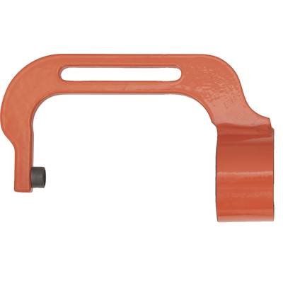 A red bolt cutter attachment used in industry and construction for cutting through bolts or chains.