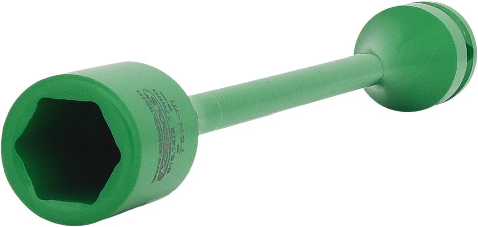 Green, long spanner with a hexagonal opening. Used for tightening or loosening bolts.