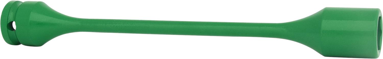 Green plastic hockey stick with a long handle and widened ends.