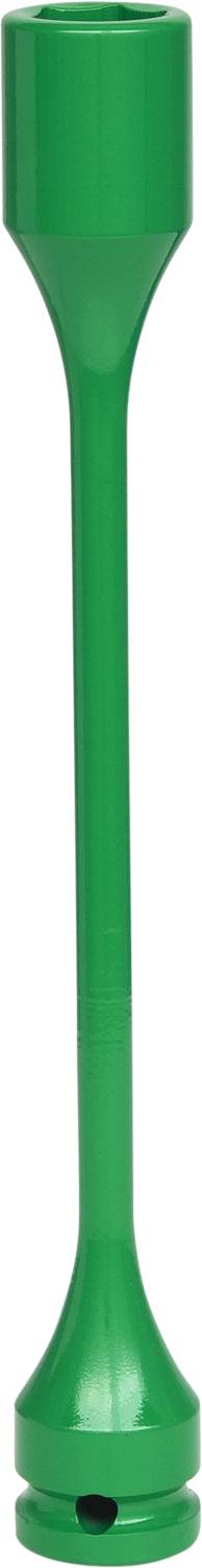 Green adjustable spanner with a long narrow handle and wide head, used for gripping or turning objects.