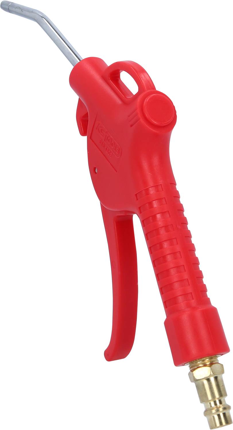 Red compressed air pistol with a long, curved metal barrel and plastic grip. Flange visible for connection to a compressed air source.