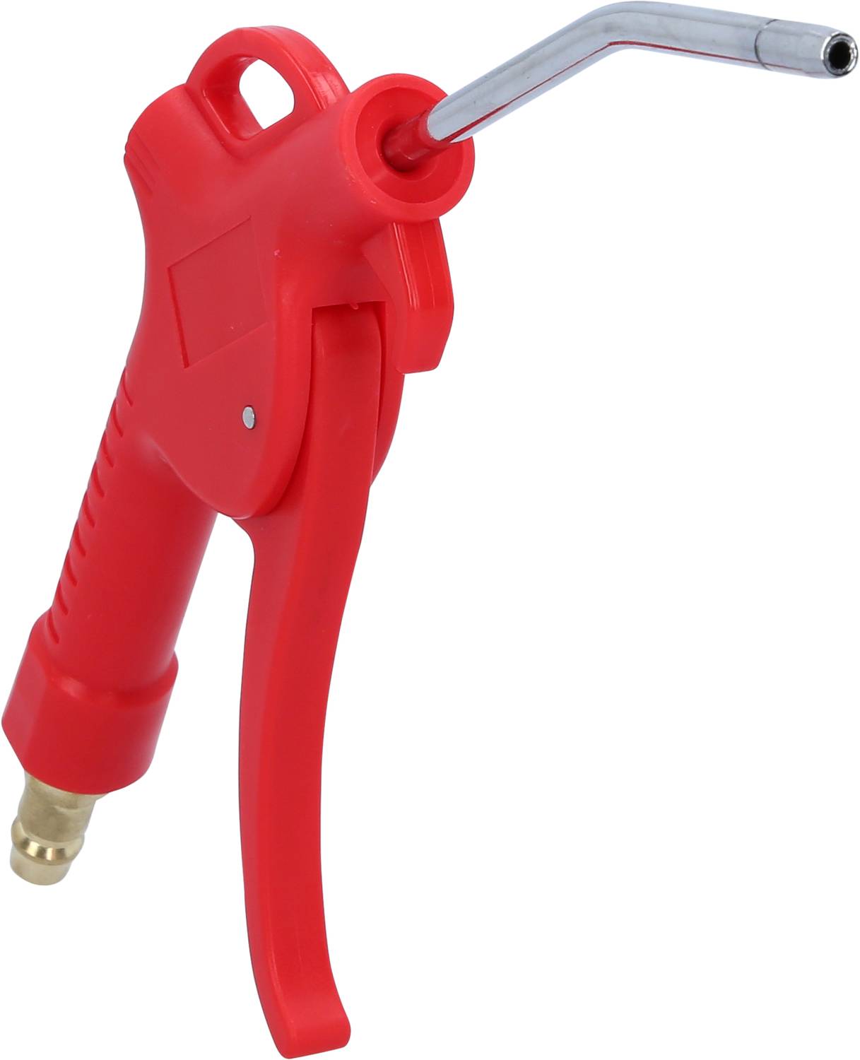 Red air duster with ergonomic handle and curved metal nozzle, used for cleaning or removing dust.
