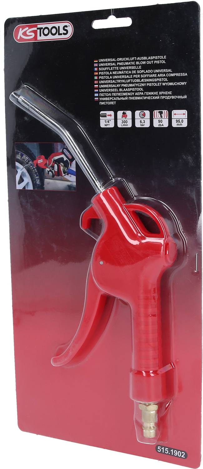Red pneumatic air gun by KS Tools in plastic packaging, suitable for various applications, with pictorial example showing tyre inflation.