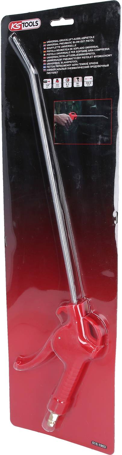 Packaging for a compressed air blow gun set by KS Tools, comprising a long, curved nozzle and a red handle.