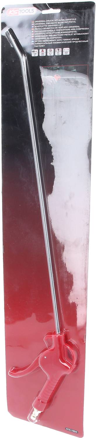 A long red mechanical arm made of metal and plastic on a black packaging with red accents and text instructions.