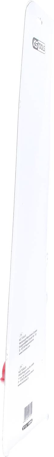 The image shows the side of a long, white plastic packaging with a red tick at the bottom. A grey logo is visible at the top.