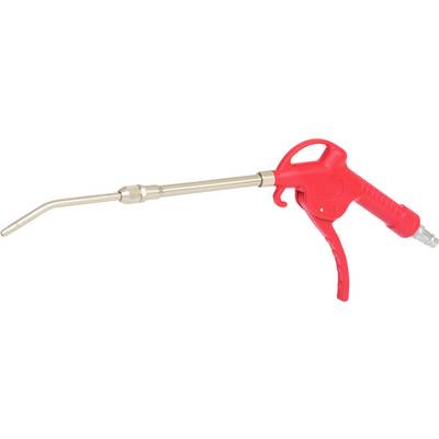 Red air duster with a long, curved metal nozzle and handle for precise surface cleaning or drying.