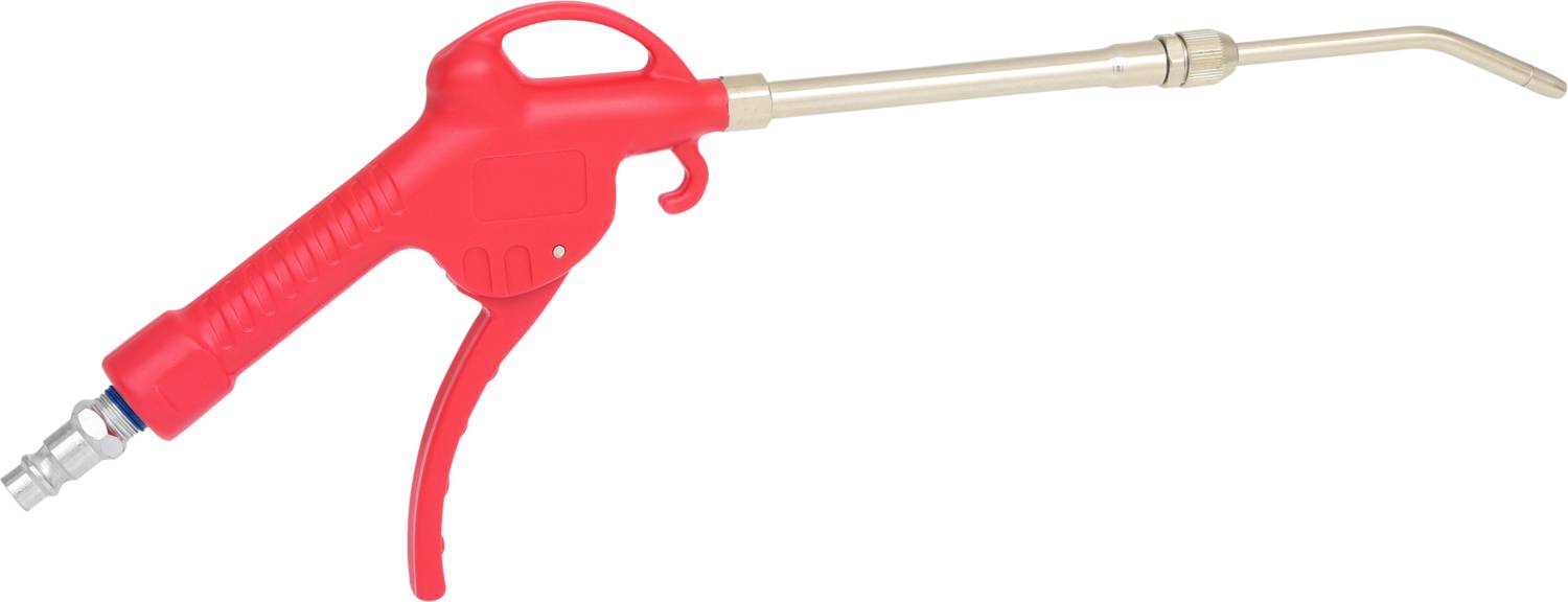 Red air blow gun with long metal barrel and curved tip, suitable for precise cleaning and blowing tasks.