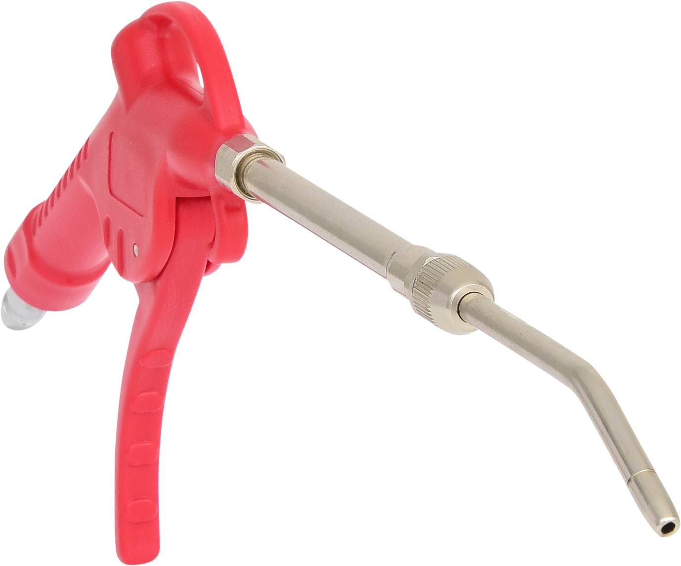 Red compressed air pistol with ergonomic handle and long metal nozzle.