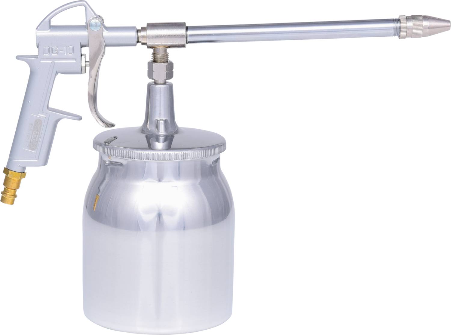 A silver spray gun with a long, metallic spray nozzle and a large, cylindrical container beneath it for cleaning purposes.