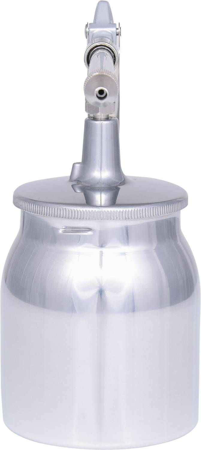 A silver, metallic spray container with a handle and nozzle, used for spraying liquids, stands upright.