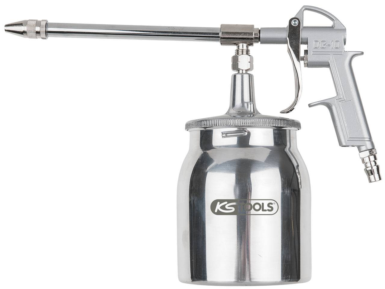 Metal spray gun with compressed air, featuring a long nozzle and metal container, suitable for cleaning or coating applications.