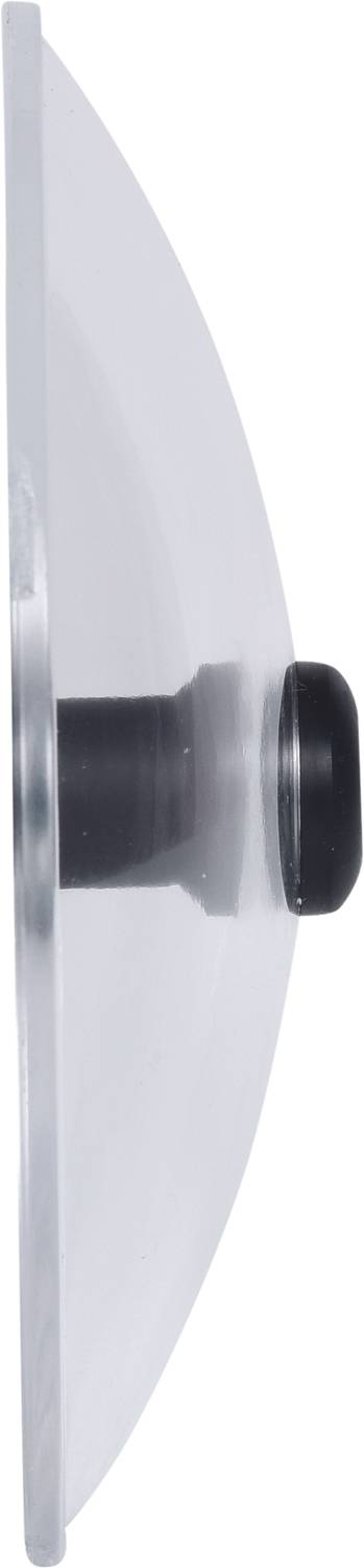 Side view of a round, transparent object with a black rubber element in the centre. It could be a suction cup mount.