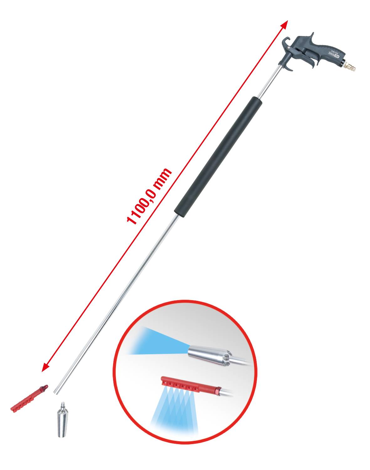 Long spray lance with ergonomic handle, approx. 1100 mm, highlighted: Nozzle for uniform spray pattern, ideal for hard-to-reach areas.