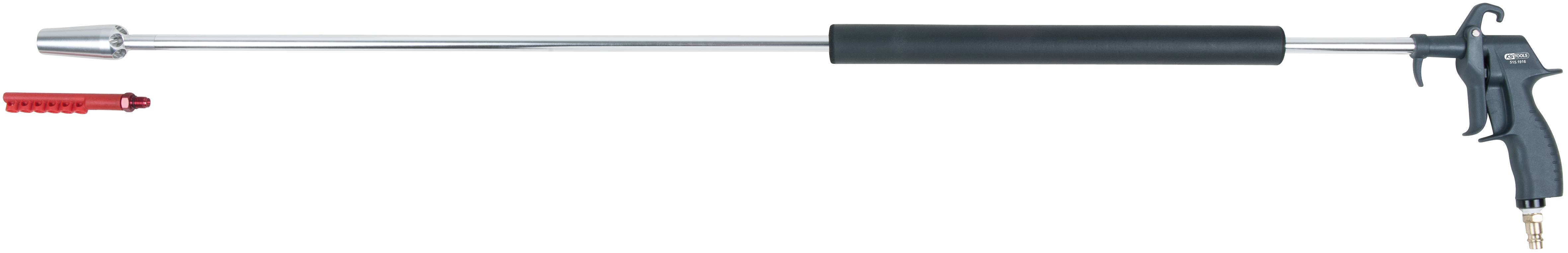 Long pressure weapon cleaner with black handle, metal rod and red accessory at the end.