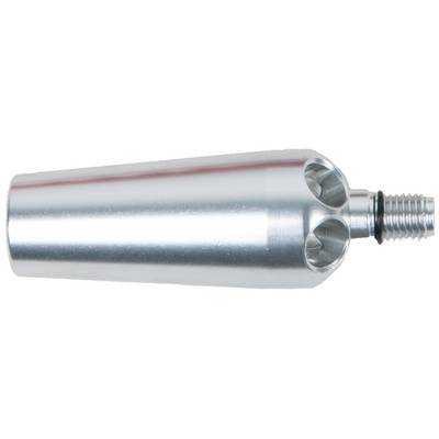 Metal adapter with thread and two lateral openings, possibly for use in machinery or tools.