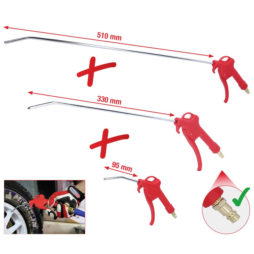 Compressed air blow guns in various sizes (510 mm, 330 mm, 95 mm) with red handles and brass connection. Application shown with tyres.
