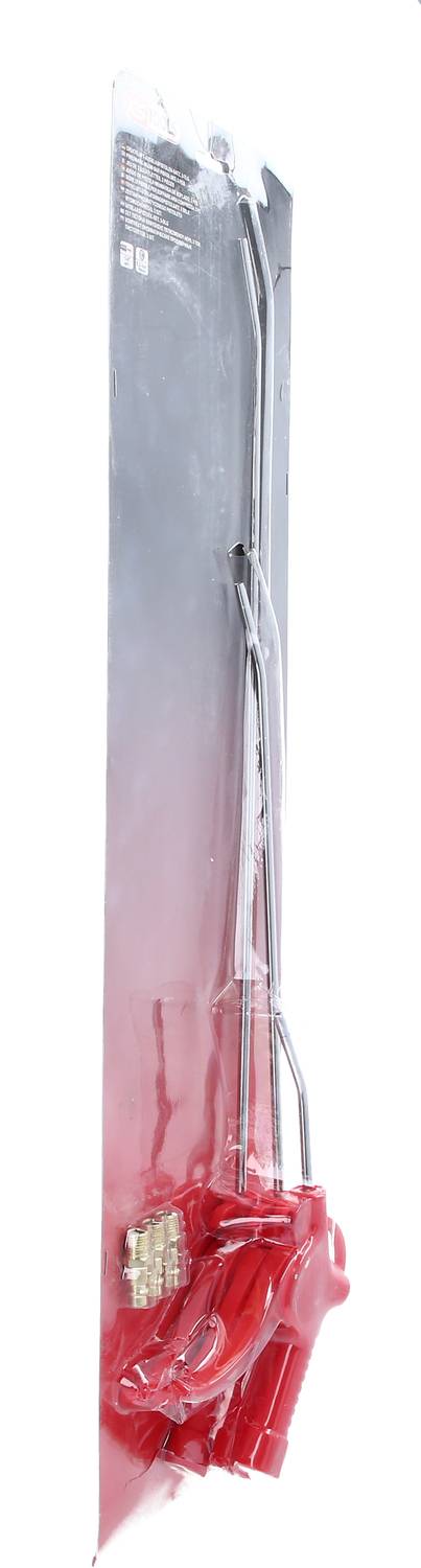 A red bicycle brake system in a transparent packaging, arranged vertically.