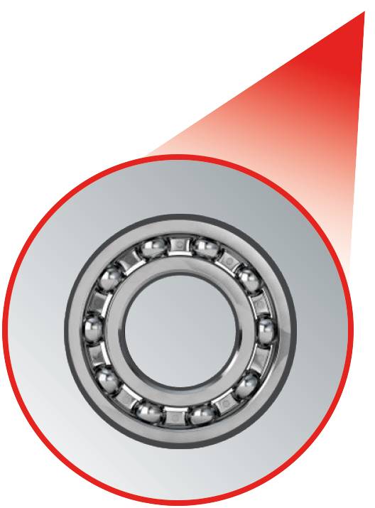 The image depicts a metal ball bearing, outlined by a red circle, against a background with a red gradient triangle.