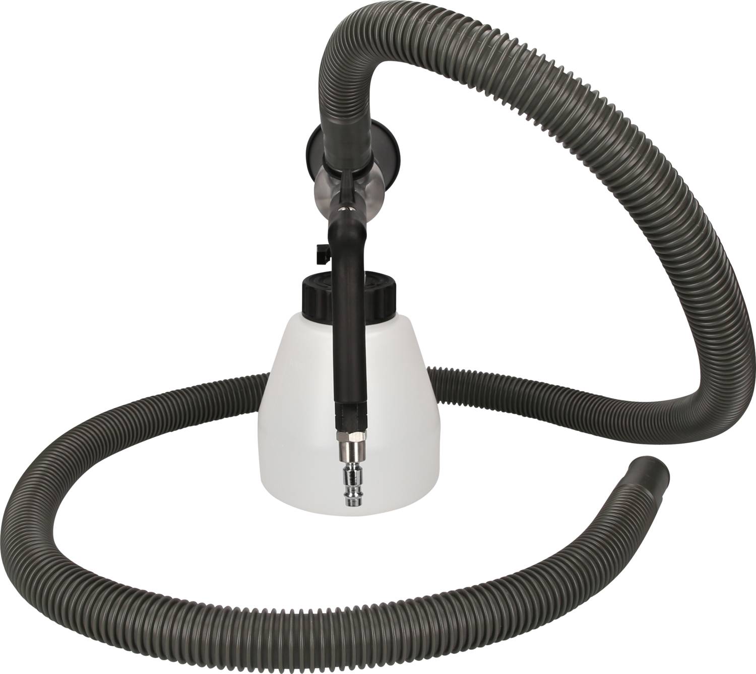 Grey suction pump with a coiled hose and white collection container. Used for liquid extraction in vehicles or machinery.