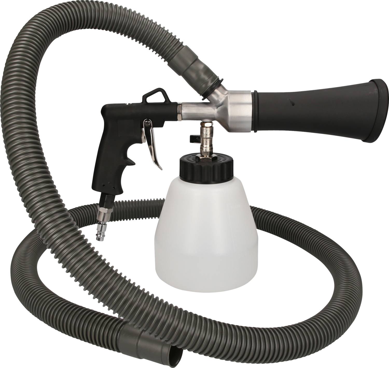 Cleaning tool with a black handle, fitted with a white container and a flexible hose, suitable for car or household cleaning.