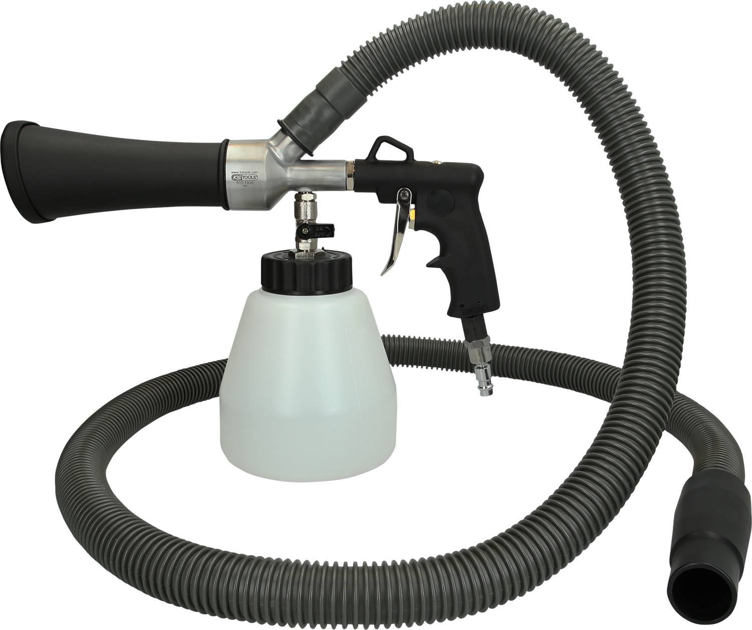 A cleaning tool with a black hose, spray gun and white container for holding cleaning solution.