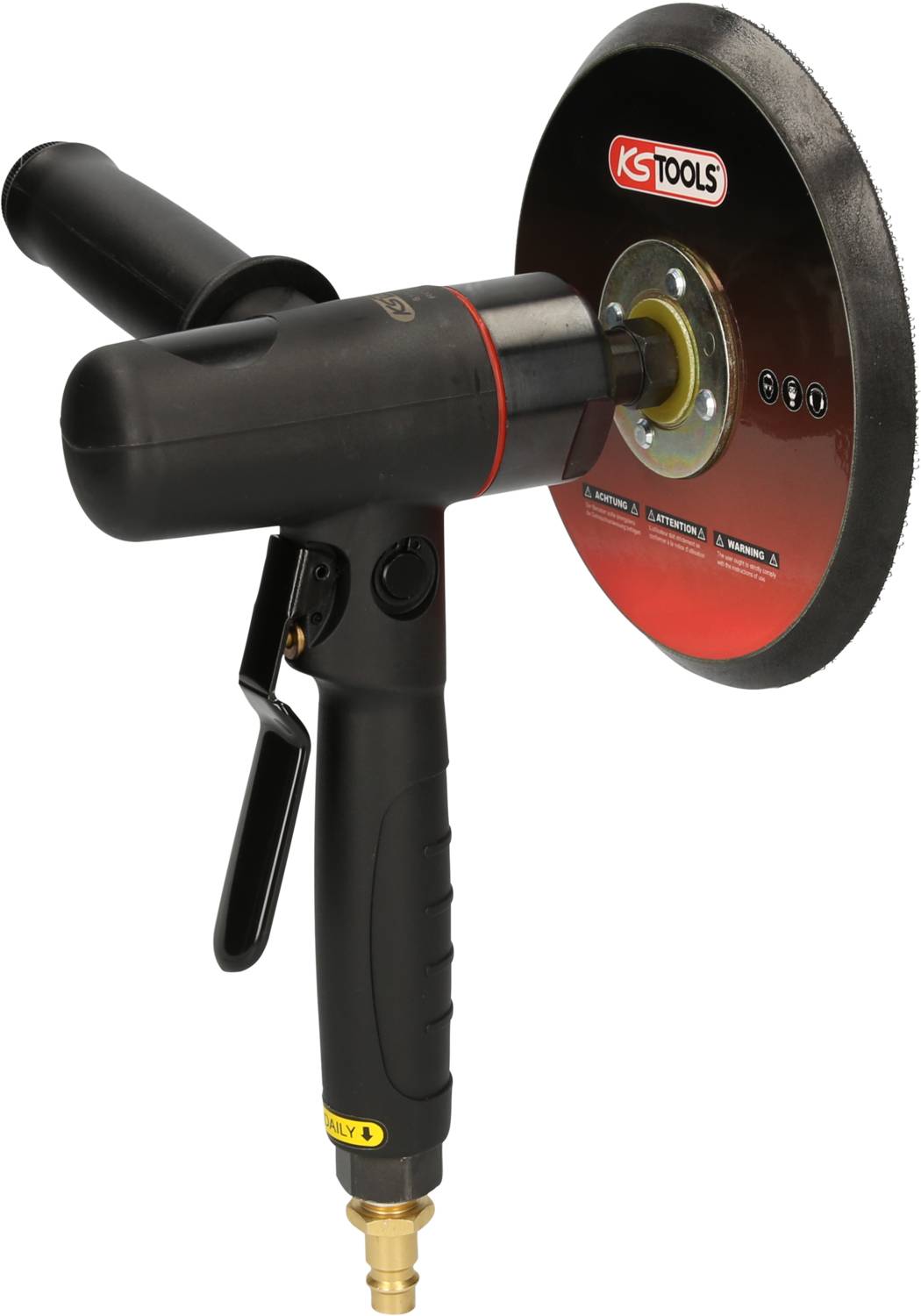 A black compressed air polishing machine with a red detail and KS Tools logo on the disc, suitable for vehicle detailing.