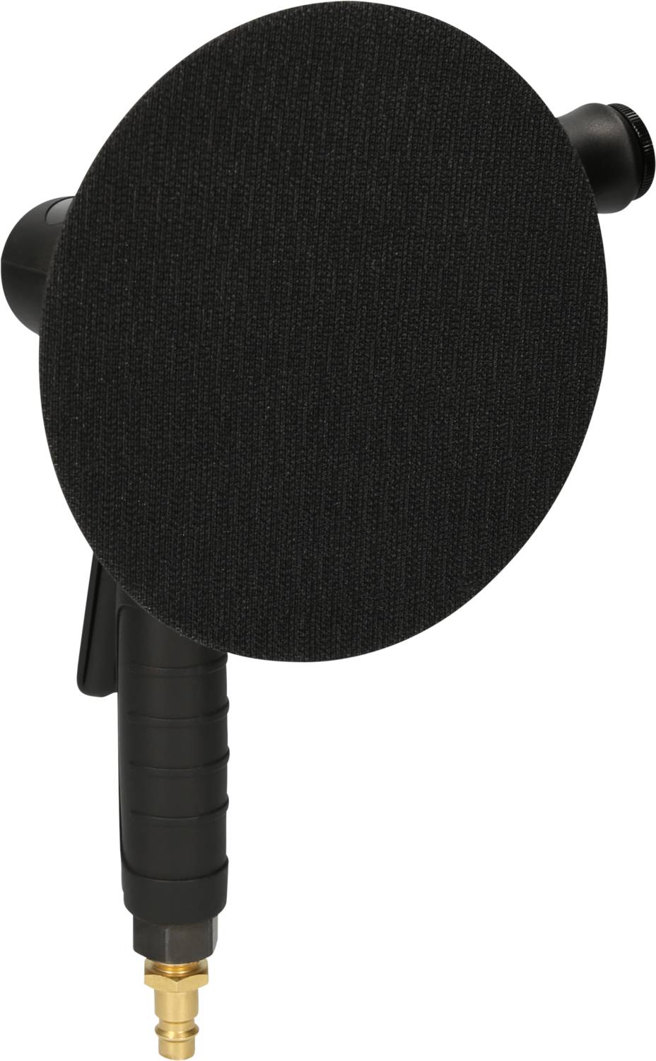 A black, round microphone windshield with an attached handle is shown.