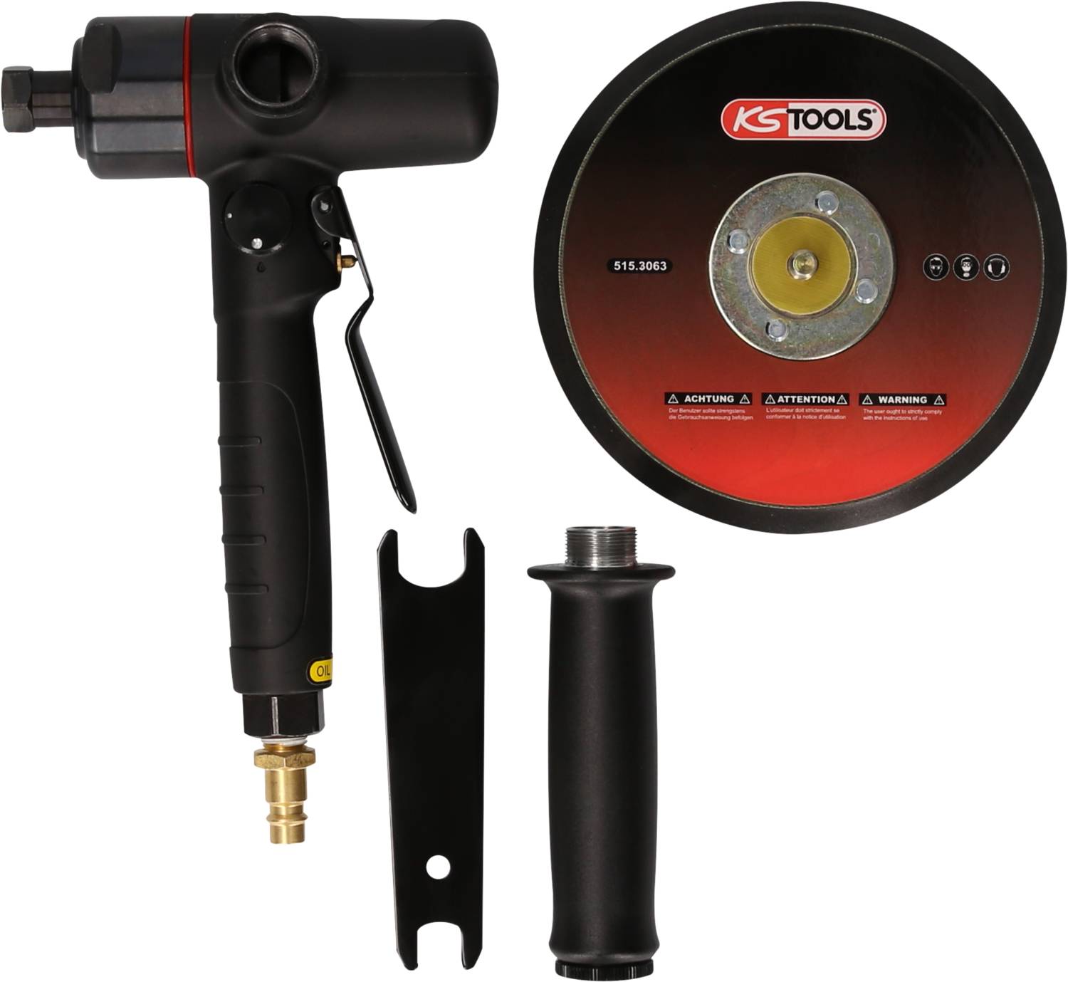 A pneumatic hand tool with a round grinding head, handle, and adjustment spanner. Marking on disc: 'KS Tools'. Suitable for grinding work.