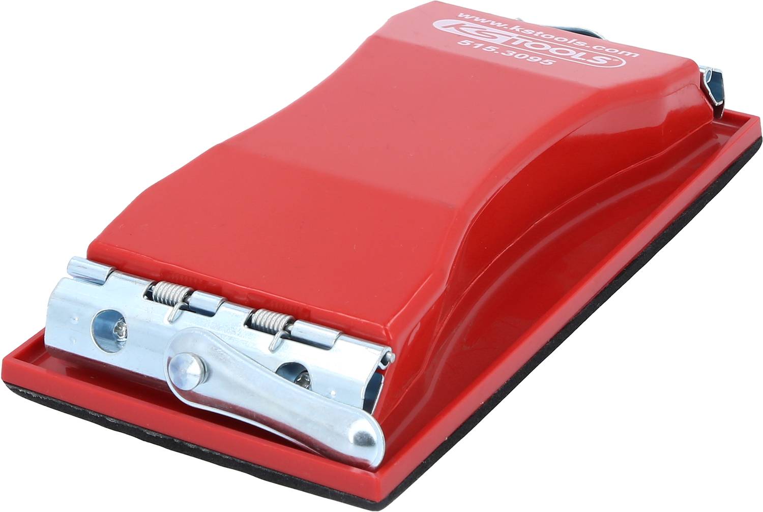 A red hand sander with metallic clips; a tool used for smoothing surfaces.