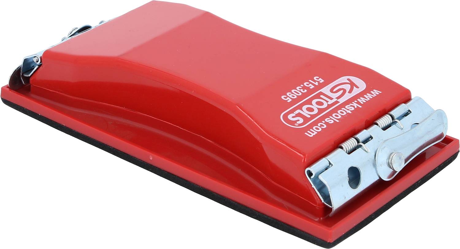 A red metal and plastic hand sander tool, ergonomically shaped, for woodworking or metalworking with a clamping mechanism.