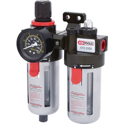 Pressure regulator with two cylindrical containers, pressure gauge, red and black control elements. Wall-mounting bracket.