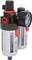 'Double air pressure regulator with pressure gauge and plastic containers.'