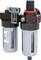 Double pneumatic maintenance unit with two filters in transparent housings for cleaning and regulating compressed air systems.