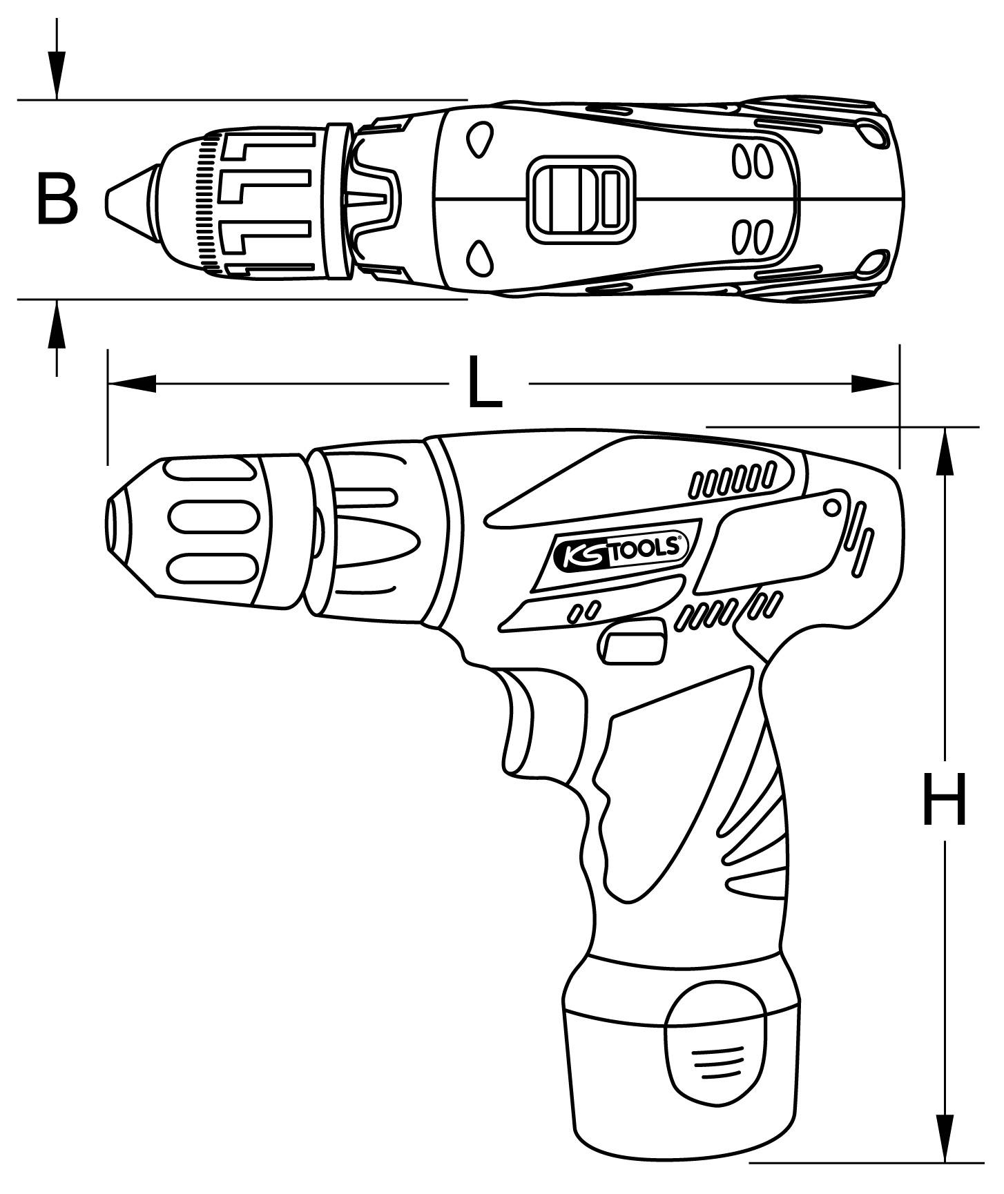 'Technical drawing of a cordless screwdriver with side view and top view. Dimensions W, H and L are indicated.'