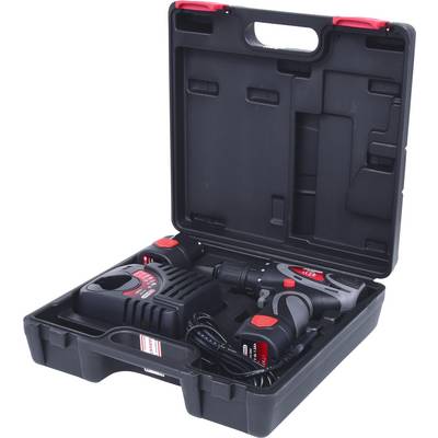 Cordless drill set in an open black plastic case, comprising a cordless drill, charger, and accessories.
