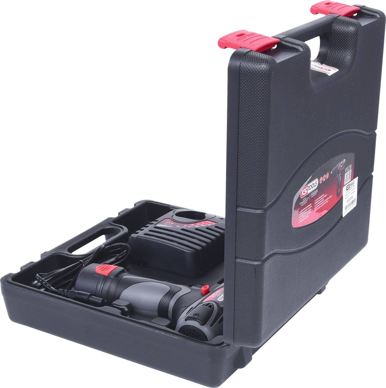 A black tool case, partially open, reveals an electric drill with accessories and charging station inside.