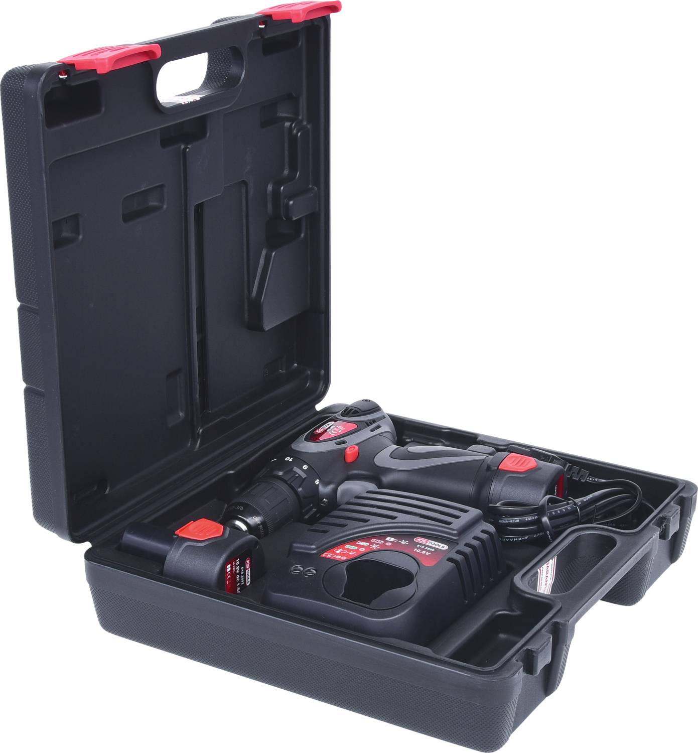'Black case with a drill driver set, including battery, charger and accessories, shown open.'