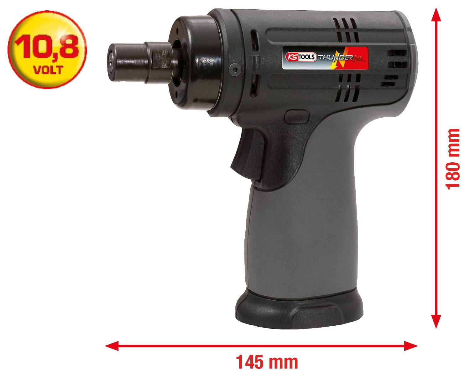 Cordless drill with pistol grip, 10.8 volts. Size: 180 mm high, 145 mm long.