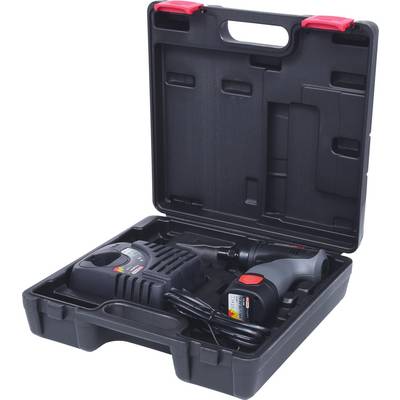 Open black tool case with cordless drill and charger, both nestled in precisely fitted foam insert.
