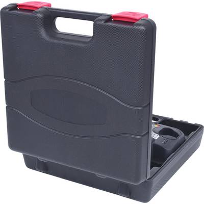 A black hard-shell suitcase with red fastenings, partially open. The case appears to contain a tool or device.