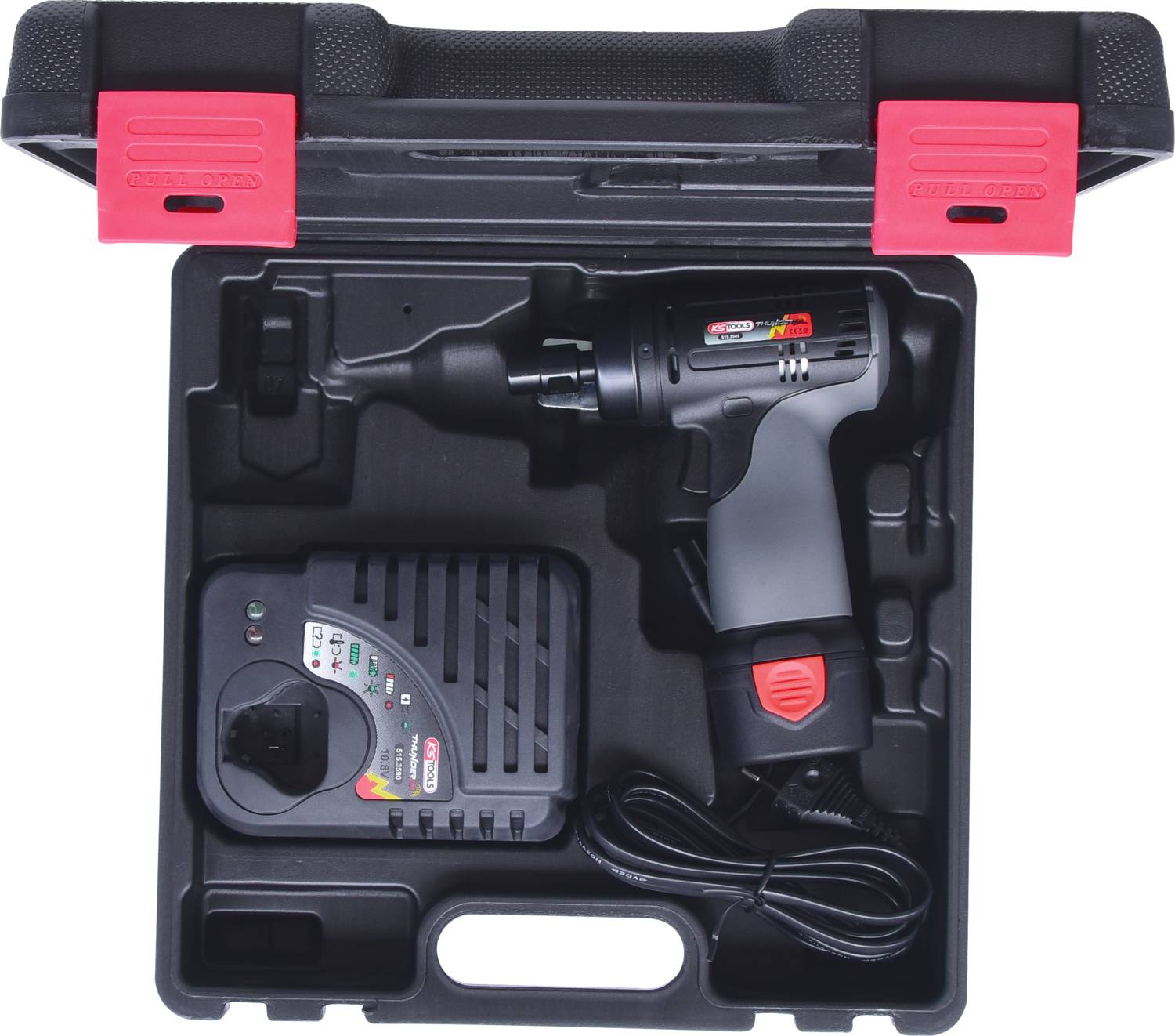 A cordless drill set in an open black case. Included are a drill and a charger, both with cable connection.