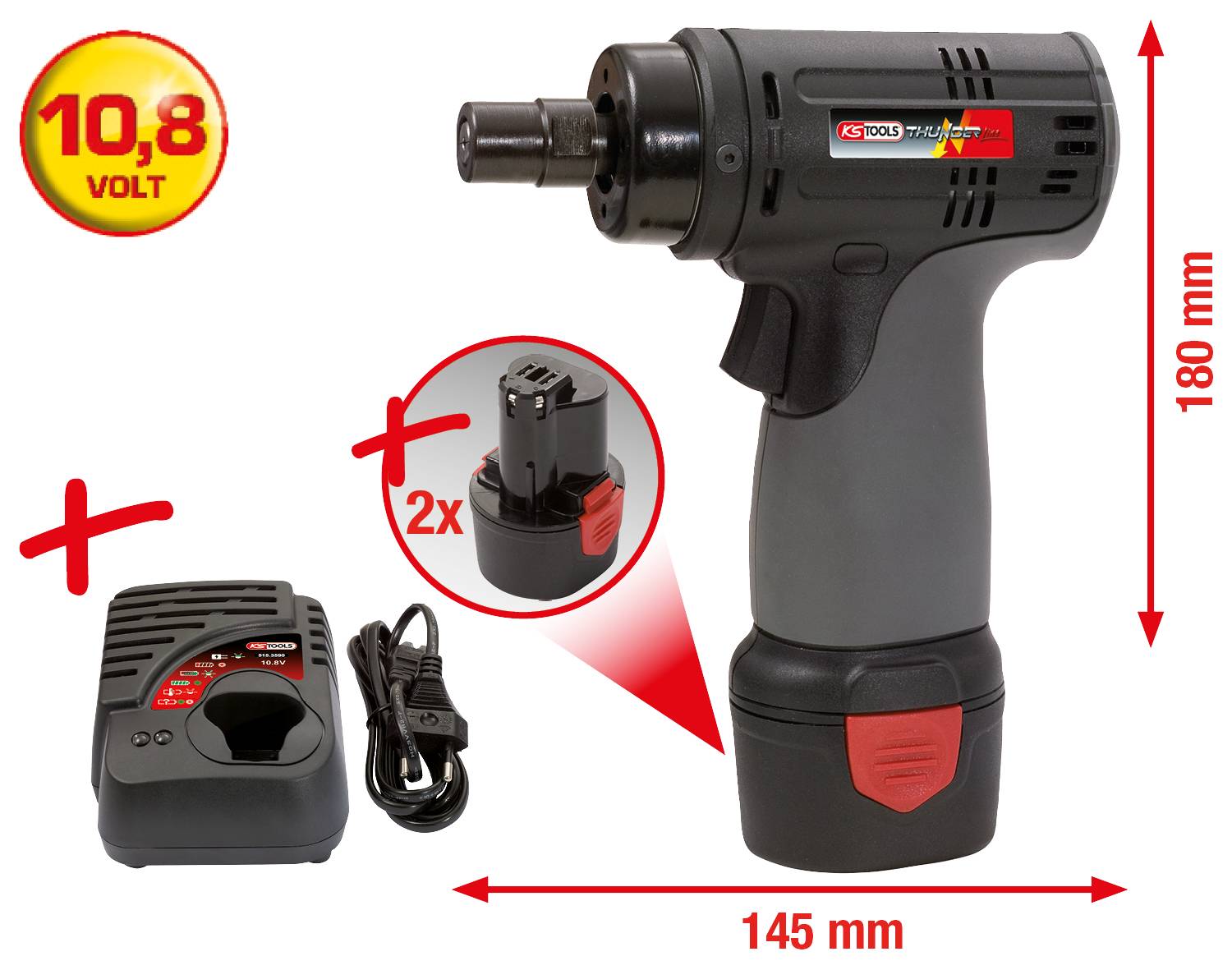 Cordless drill with 10.8 volts. Includes charging station and two batteries. Dimensions: 180 mm high, 145 mm wide.