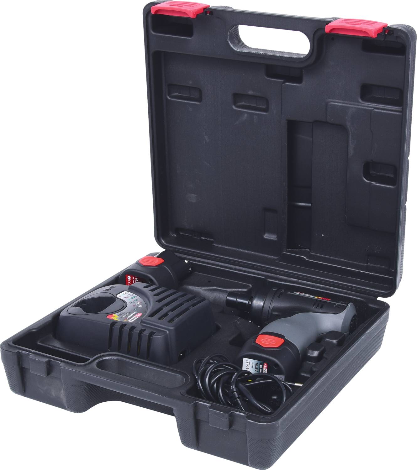 Cordless drill set in a black plastic case with charger and two batteries, suitable for DIY projects.
