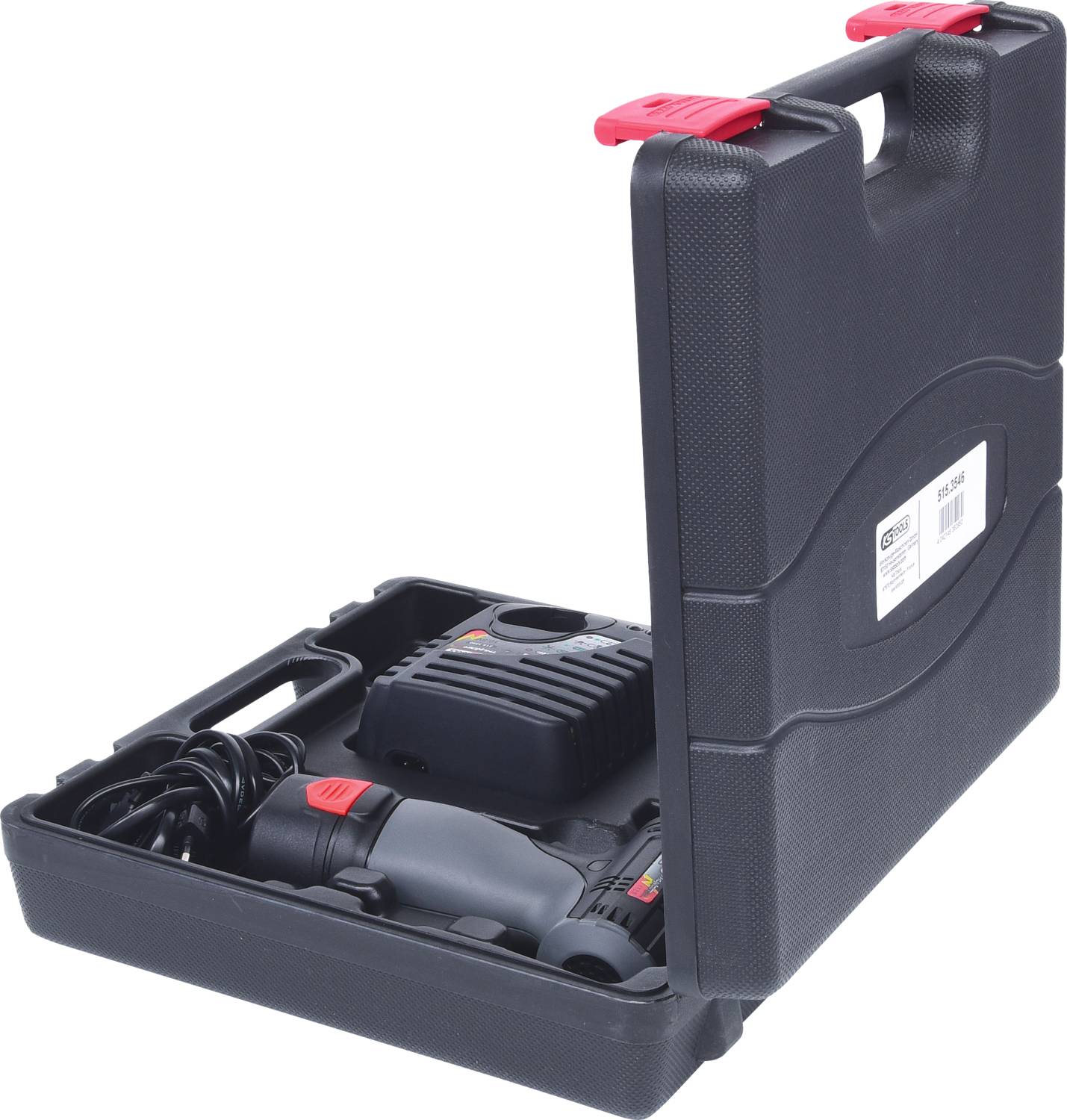 A black tool case with a red fastener contains an electric hand drill and accessories.