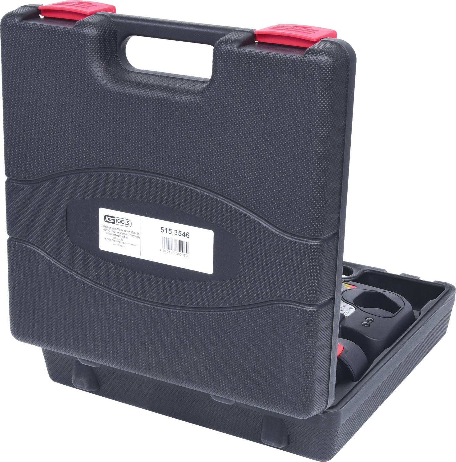 Black plastic tool case, slightly open, with a red handle. Suitable for storing tools when travelling.