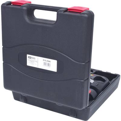 Black plastic tool case, slightly open, with a red handle. Suitable for storing tools when travelling.