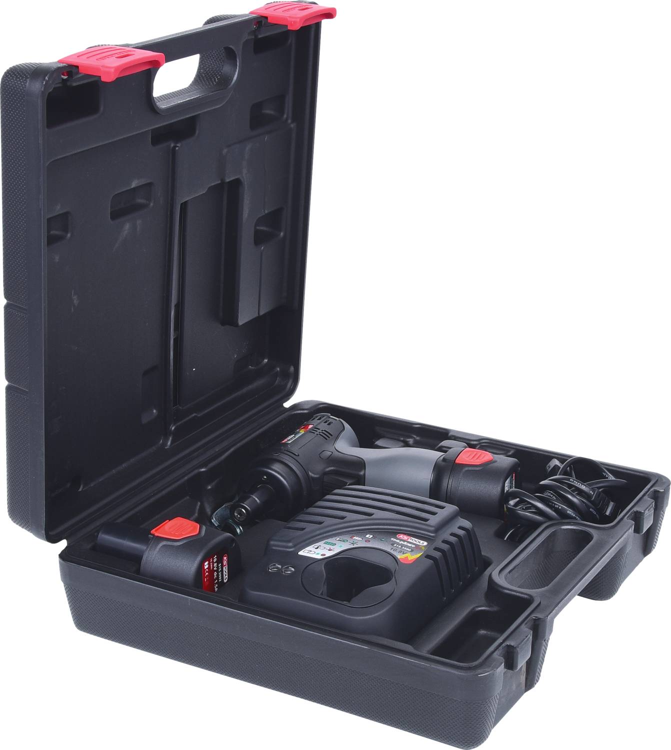 Black tool case with drill machine, two batteries and charger. Drill machine and accessories are neatly arranged.