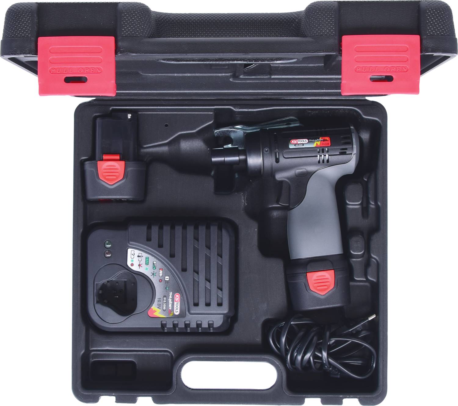 Cordless drill set in black case with charger and battery, suitable for DIY projects.